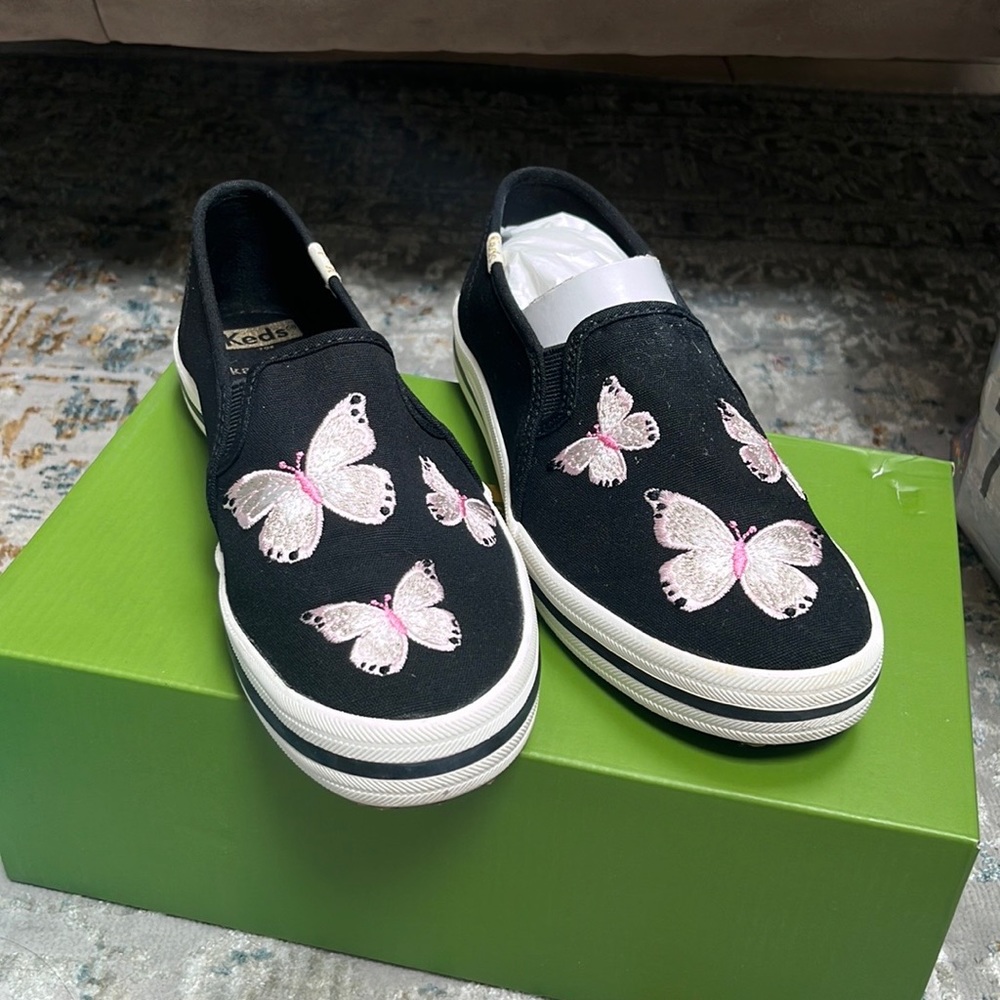 Keds for Kate Spade black slide on shoes with butterfly embroidery